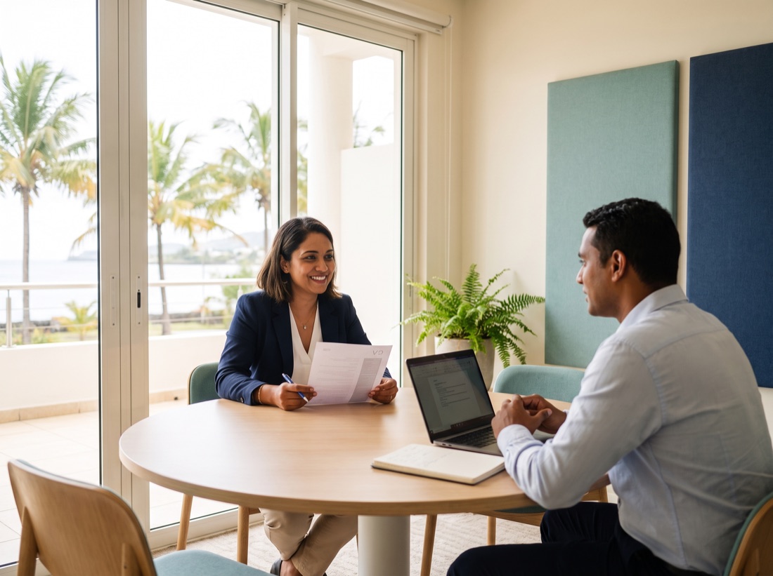 An HR manager interviewing a candidate in Mauritius